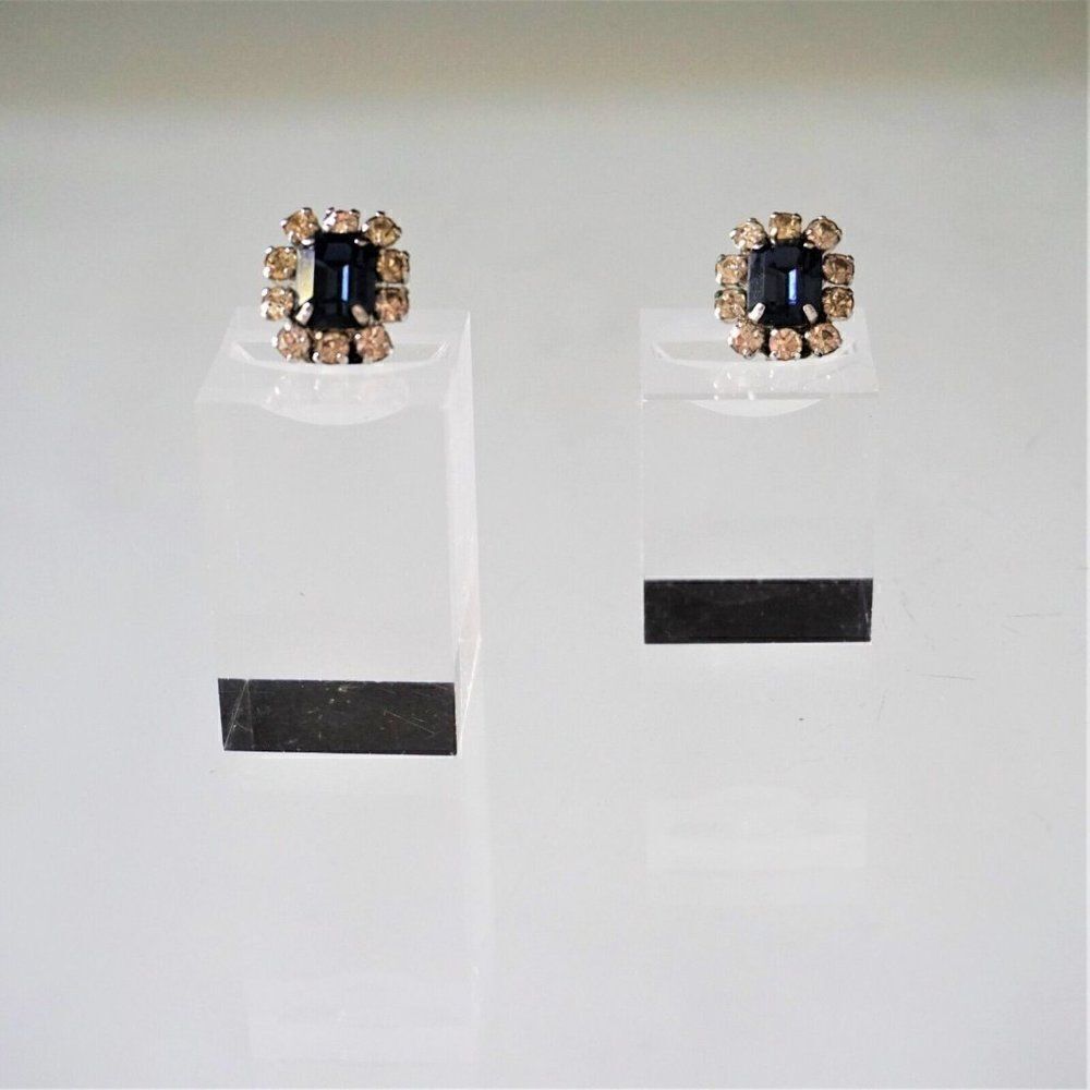 Christian Dior Clip On Earrings Vintage 60s Germany Blue Tanzanite w Crystals -